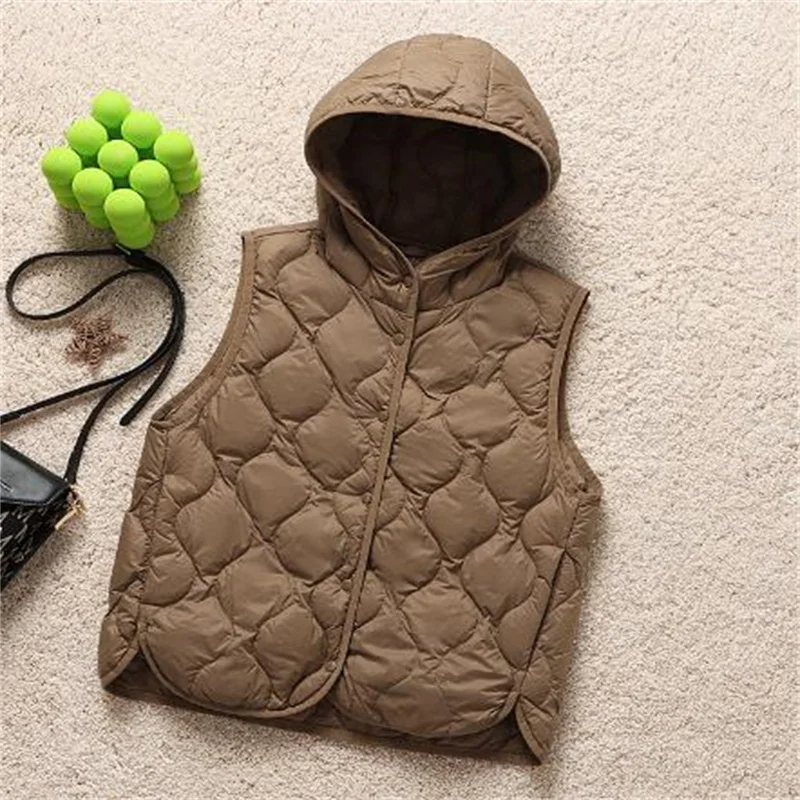 Women Warm Hooded Down Waistcoat Jacket Autumn Winter Light Thin White Duck Down Vest Parkas Female Sleeveless Short Tank Coat