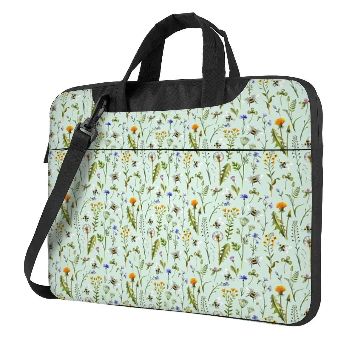 Bees And Wildflowers On Mint Crossbody Laptop Bag Case Computer Bag Resistant Protective Notebook Pouch for Macbook Pro Lenovo