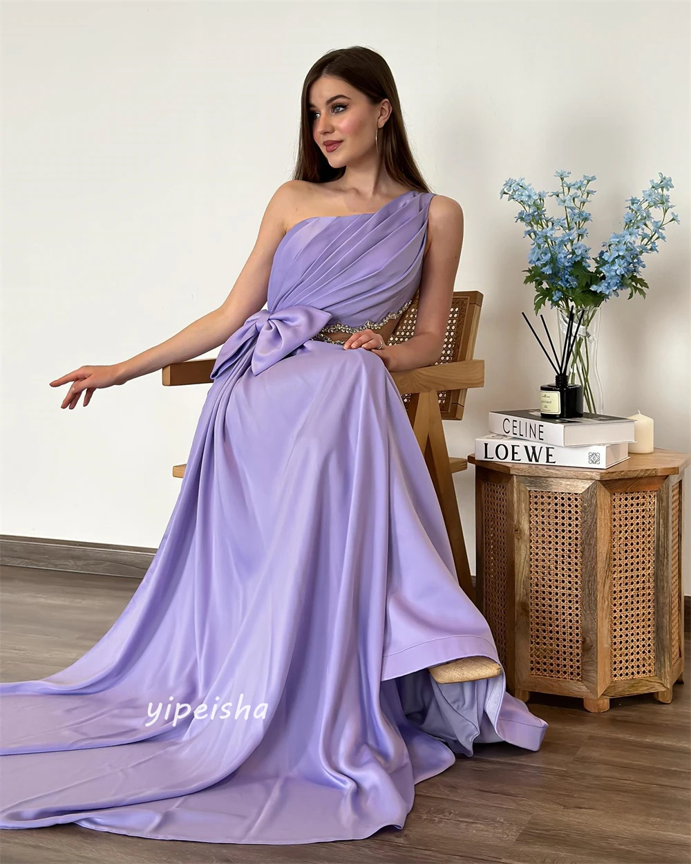 Prom Dress Saudi Arabia Prom Dress Satin Beading Bow Christmas A-line One-shoulder Bespoke Occasion Dress Floor Length