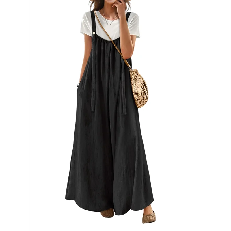 

ABRT-Casual Wide Leg Jumpsuits For Women Boho Pleated Overalls Rompers Summer Outfits With Pockets