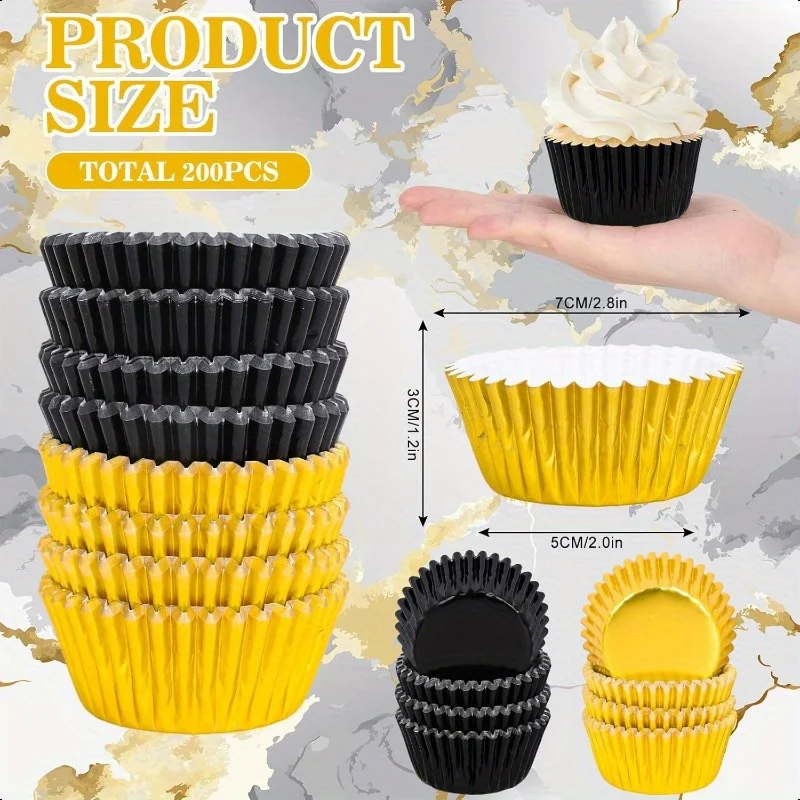 200pcs BlackGolden Foil Cupcake Liners Grease-Proof Nonstick 2.8