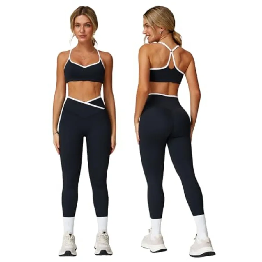 

ABOCIW Workout Sets for Women 2 Pcs Color Block Strappy Sports Bra High Waist Shorts Gym Yoga Pilates Outfits