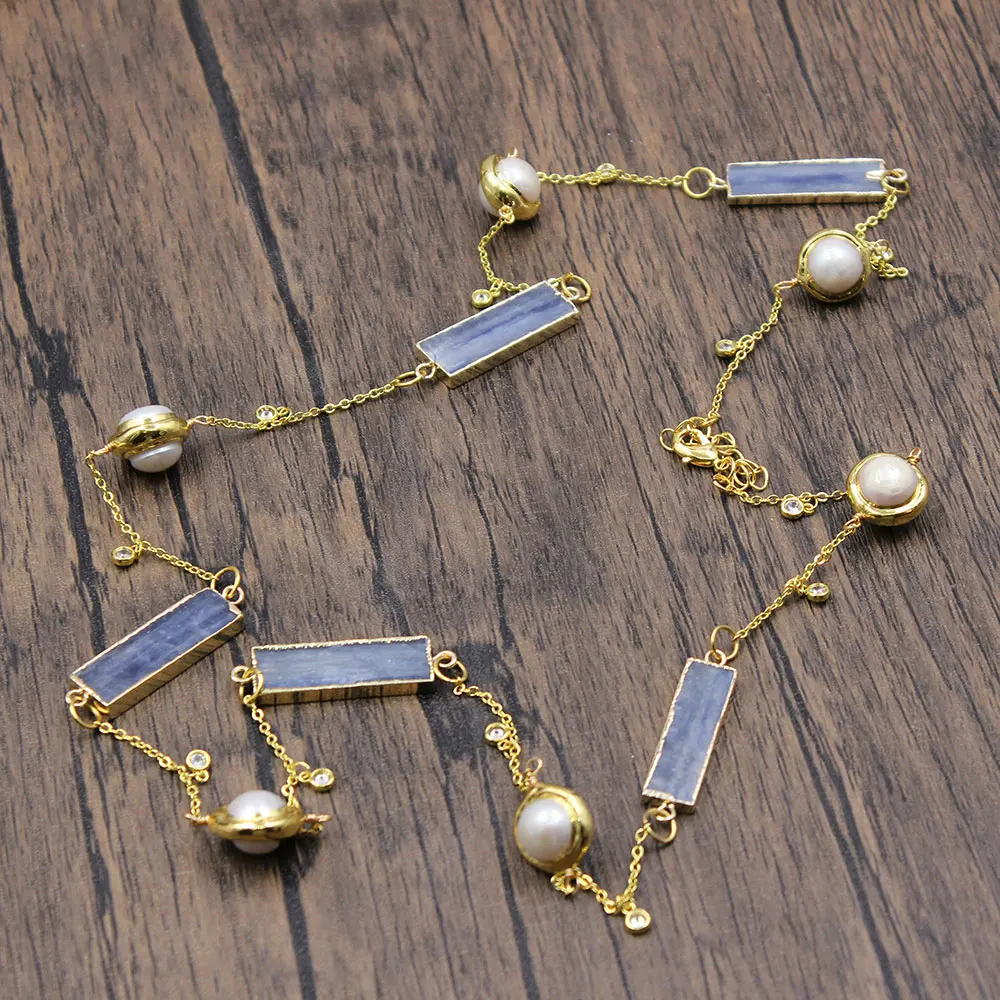G-G Freshwater Natural White Pearl Natural Blue Kyanites Stone Connector Chain Long Necklace Sweater chain For Lady