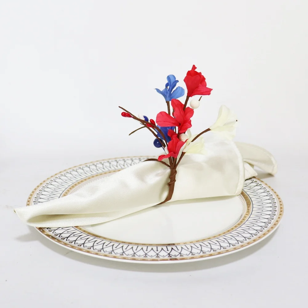 12 Patriotic Napkin Rings with Floral Embellishments and Wrapped Craft Wire for Independence Day For table Arrangements