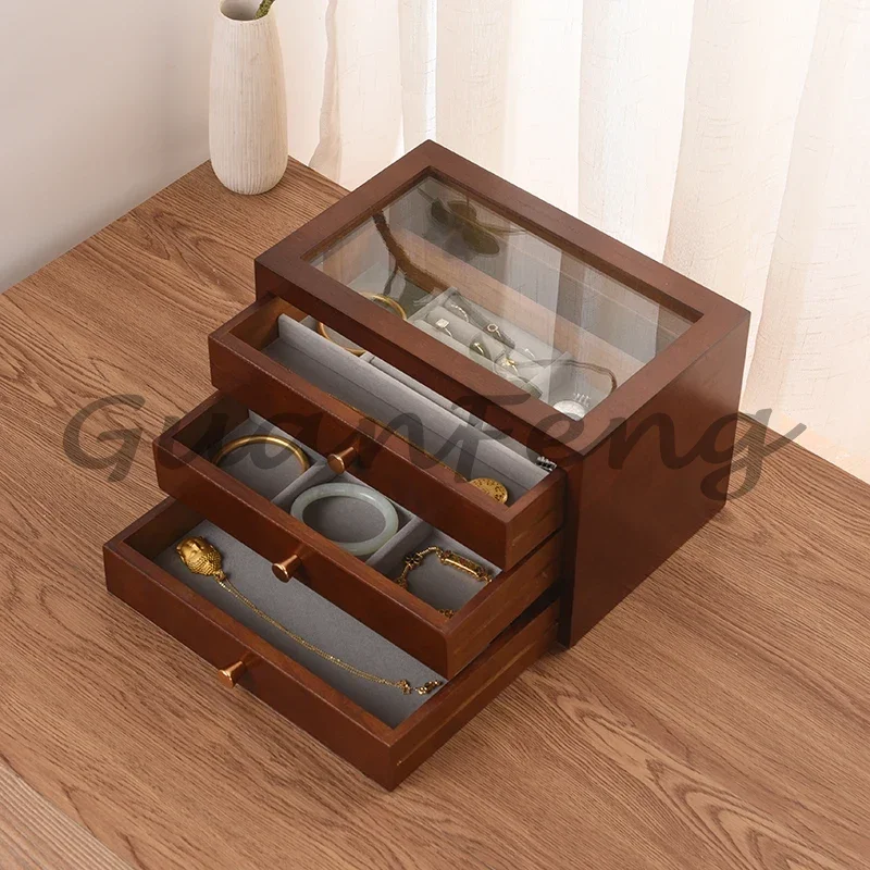 Elegant High-End European Style Wooden Jewelry Box, Slim Gold Luxury Jewelry Storage Organizer