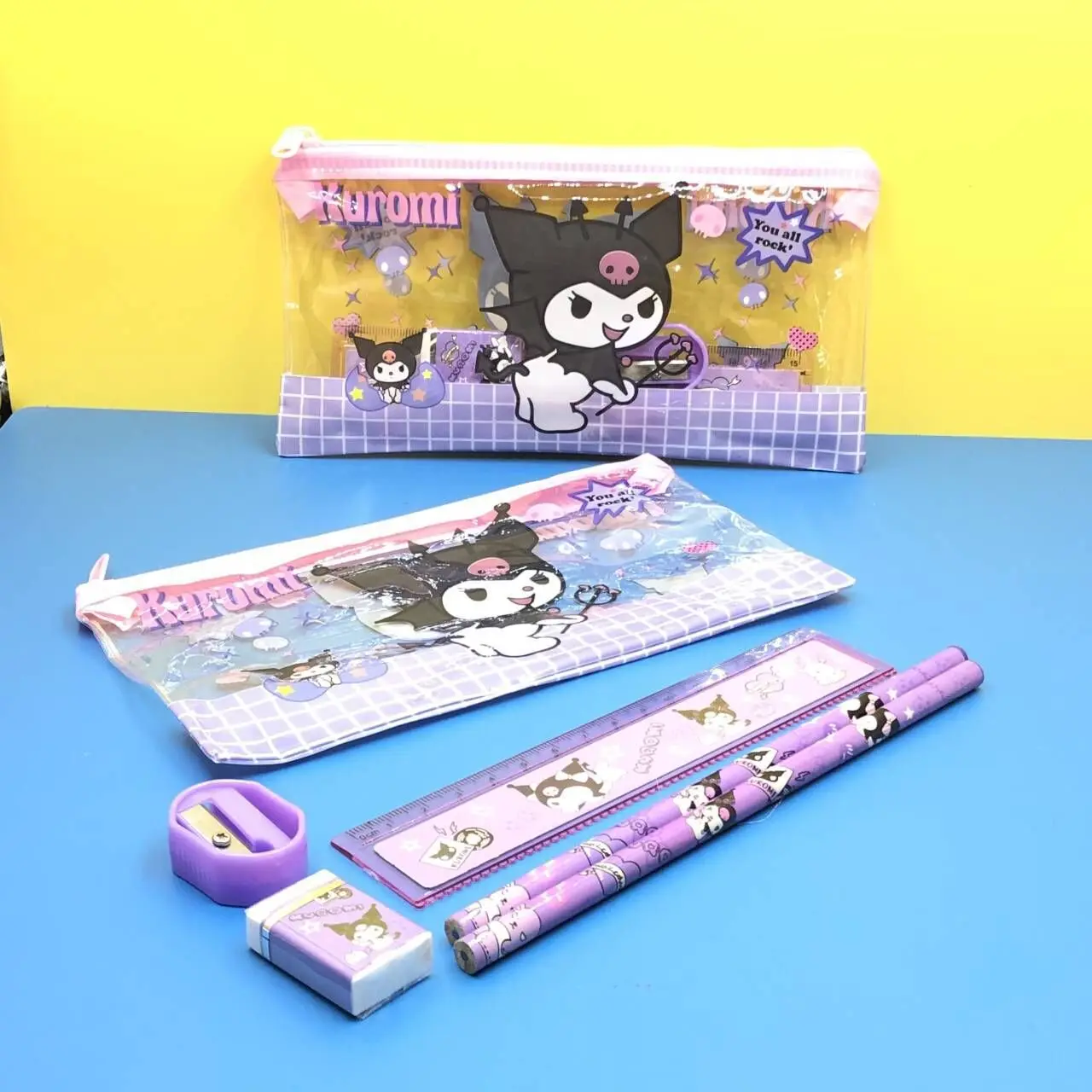 6pcs/set Anime Sanrio Melody Kuromi Stationery Set Cinnamoroll Student Cartoon Pencil Eraser Ruler Pen Bag Storage Set School