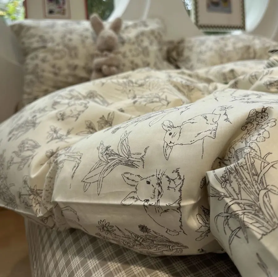 

Pastoral rabbit squirrel deer bed set single double,twin full queen king cotton home textile bed sheet pillow case quilt cover