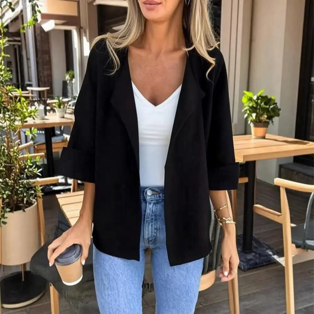 Women Spring Fall Lapel Collar Blazer 3/4 Sleeve Open Front Business Casual Suit Jacket Office Work Short Blazer for Daily Wear
