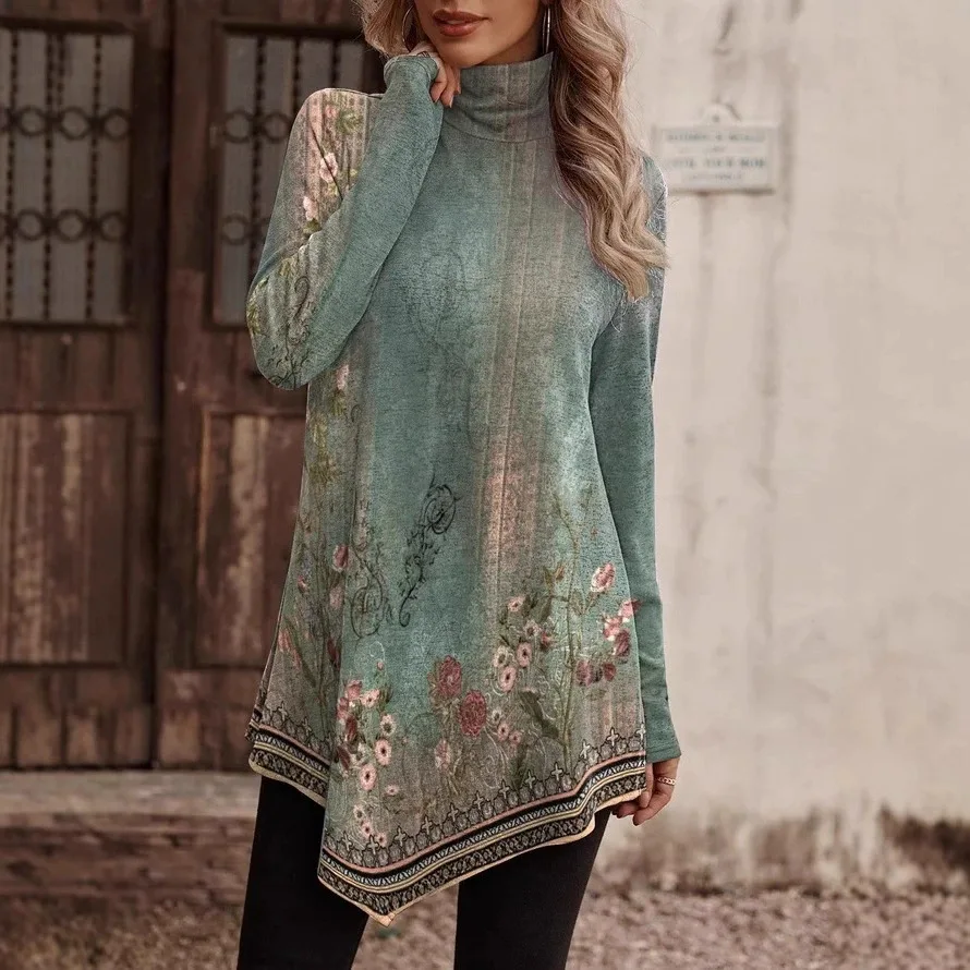 

2026 New Fashion Printed High Collar Ethnic Style Shirt Women Spring Casual Loose High Collar Irregular T-Shirt For Women