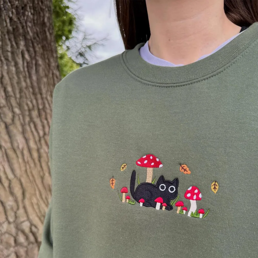 Mushroom Cat Embroidered Crewneck Sweatshirts Female Spring Autumn Long Sleeve Crewneck Pullover Thick Warm Gift For Cat Lover