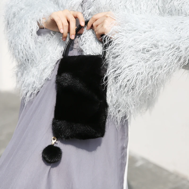 Mink fur bag, women's bag, hand in hand, mobile phone bag, purse, real mink fur, mink simple bag, autumn and winter