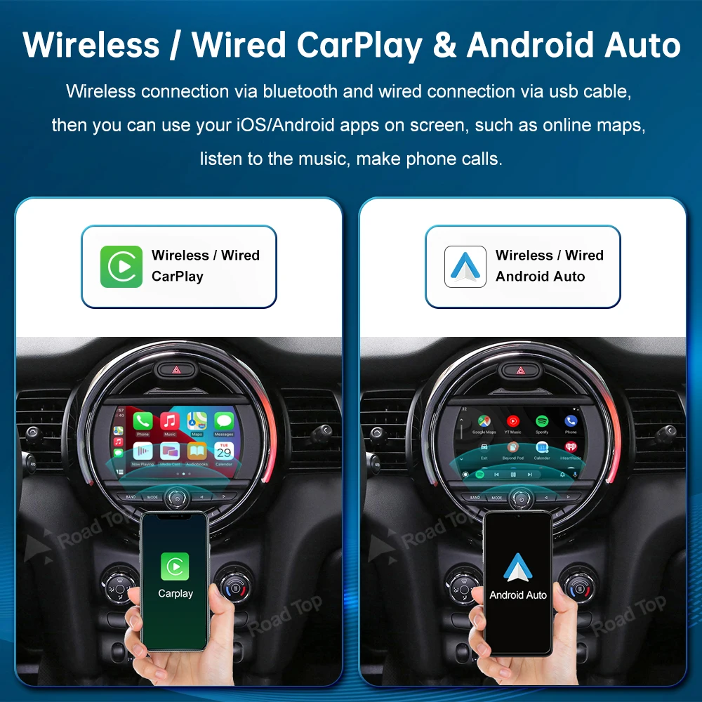 RoadTop Wireless CarPlay Android Auto لـ Mini R55 R56 R57 R58 R60 R61 F54 F55 F56 كلوبمان كونتري مان كوبر جون كوبر يعمل