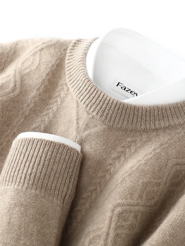 

Мужской теплый свитер из чистой шерсти с круглым вырезом, вязаный узором «косы», осенне-зимний, утолщенный, мягкий, повседневный, модный