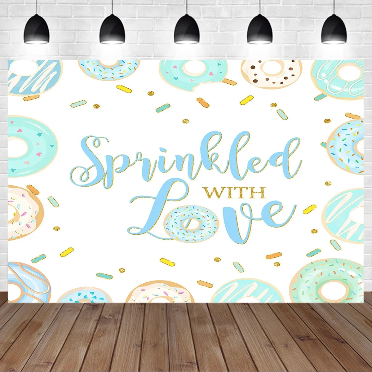 Mocsicka Sprinkled With Love Backdrop Blue Donut Theme Golden Glitter Party Background Baby Kid Children Shower Photography Prop