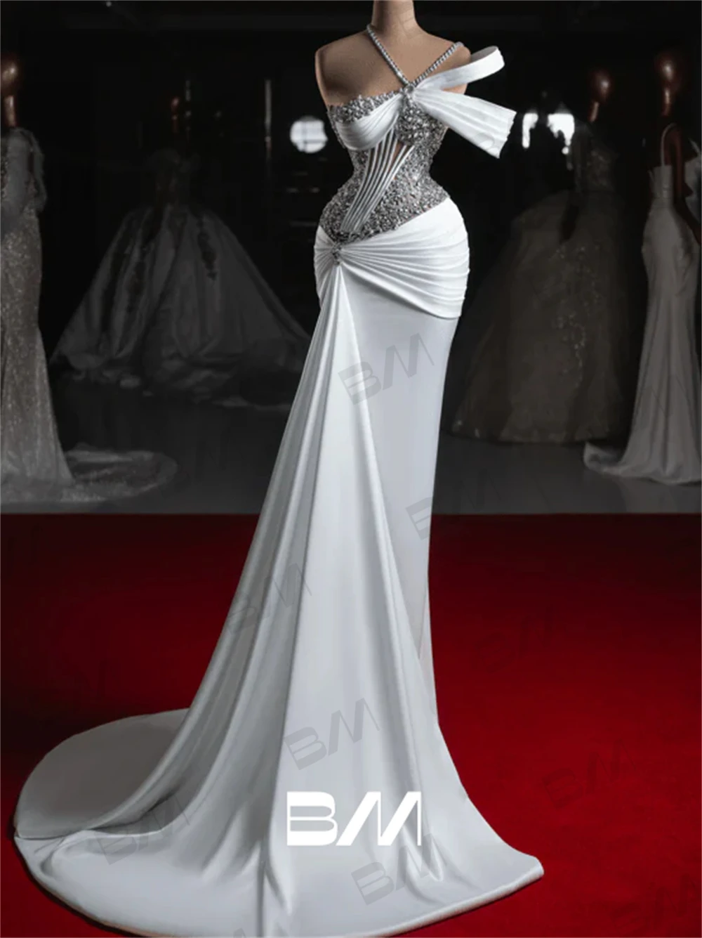 หรูหราลูกปัดซาตินชุดแต่งงานสําหรับผู้หญิงหนึ่งไหล่ High End ชุดเจ้าสาวยาวที่กําหนดเอง Sheath ชุดเจ้าสาว