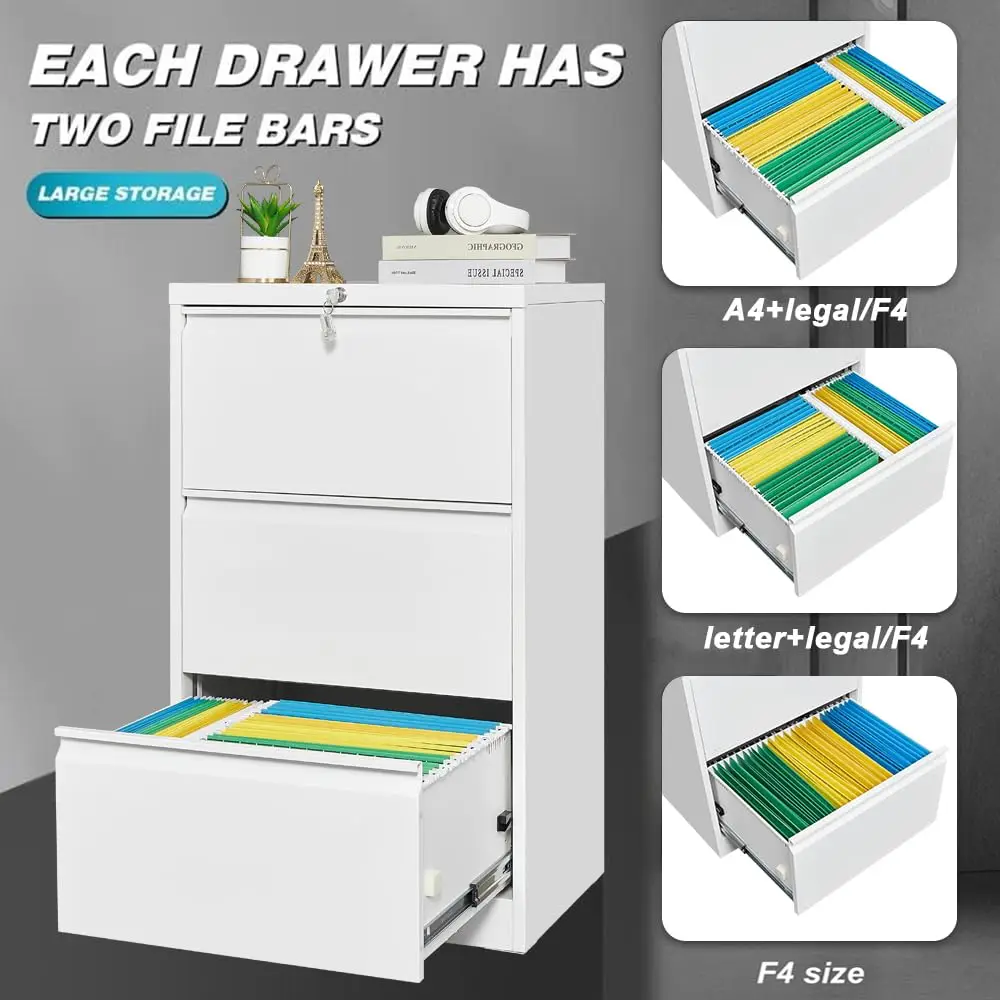 Heavy Duty Lateral File Cabinet with Lock – 3-Drawer Steel Filing Cabinet for Home Office – Legal/Letter/A4/F4 Files – Secure Under Desk Organizer – Card Holder Included