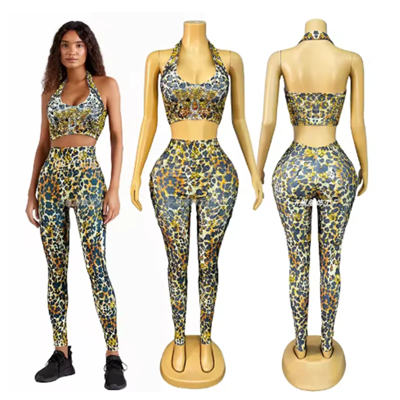 2025 Sparkly Rhinestone Topเสือดาวพิมพ์กางเกงชุดนักร้องชุดCatwalkแสดงเวทีเครื่องแต่งกายไนท์คลับDs Dancewear