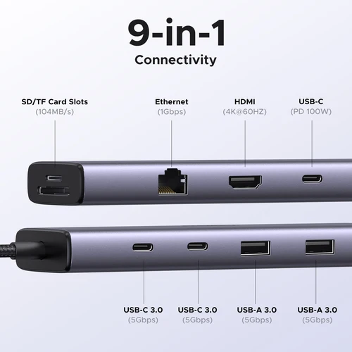 Imagen 2 del producto UGREEN 4K60Hz USB C HUB 9 en 1 tipo C a HDMI PD100W 2 puertos USB-A y C RJ45 SD y TF para Macbook Pro portátil USB3.0 divisor de acoplamiento