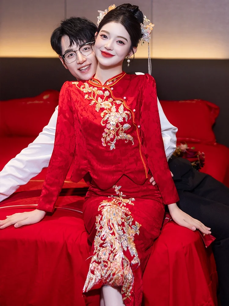 

Новое китайское вечернее платье 2025 года для невесты: облегающее, с длинным рукавом, V-образным вырезом, для помолвки и свадебной церемонии, с эффектом похудения