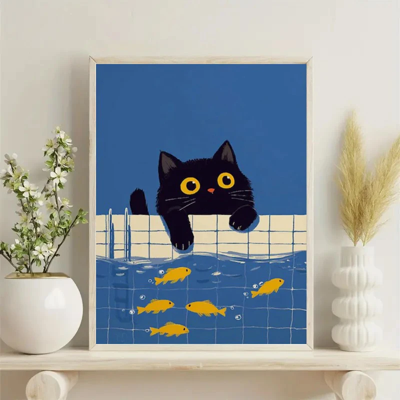 Lindo cuadro de pared de gato negro con pez dorado, póster de ilustración animal caprichosa, póster moderno contemporáneo par