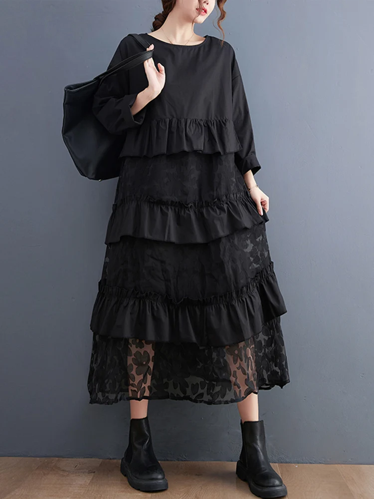 Ruffles Mesh Floral Black Vintage Dress Women Long Sleeve Loose Casual Midi Ladies Dresses Fashion Clothing Spring Autumn 2025