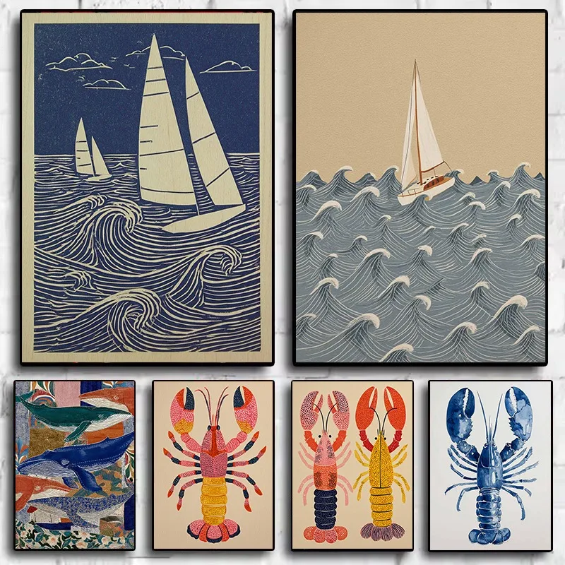 1pc Frameless Japanese Style Maritime Blue Lobster Sailboat Nautical Ocean Animals Poster Wall Art Pictures Canvas Painting Home