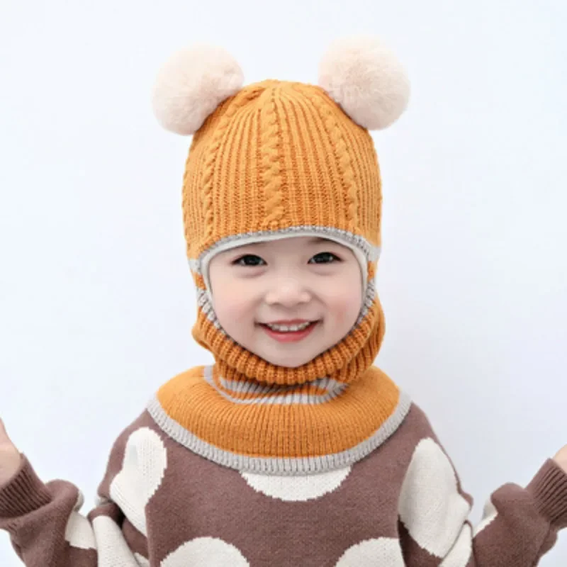 Kinder-Wintermütze mit doppeltem Bommel, Schal-Set, warme gestrickte Sturmhaube mit Gesichtsbedeckung, mehrfarbig, süßer Beanie-Schal für Kleinkinder