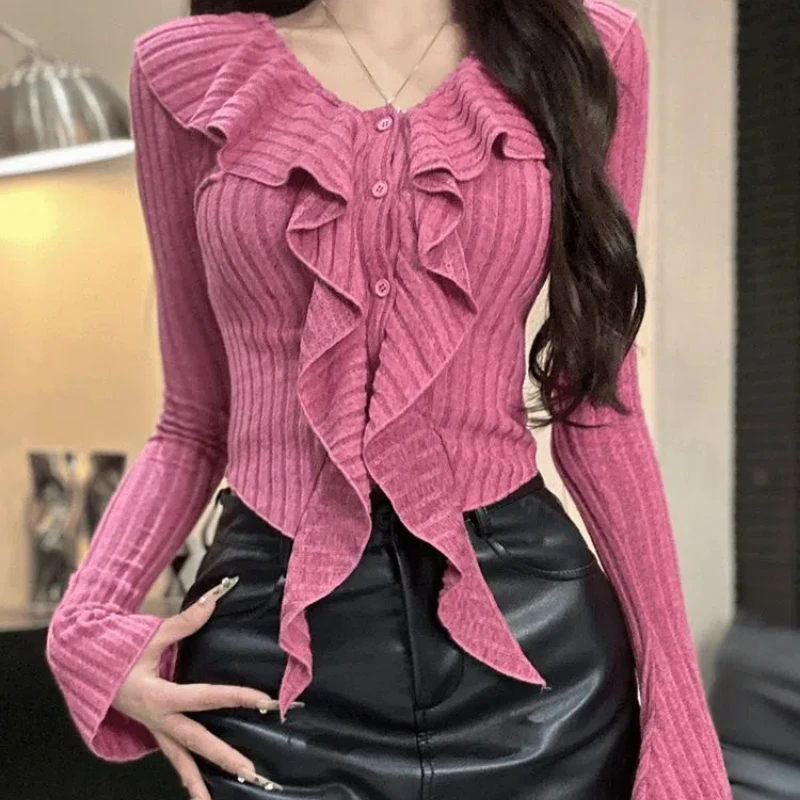 

Spring Autumn V-neck Ruffled Long Sleeved Pullovers Women's Clothing New Slim Fit and Slimming Knit Sweater All-match Chic Tops