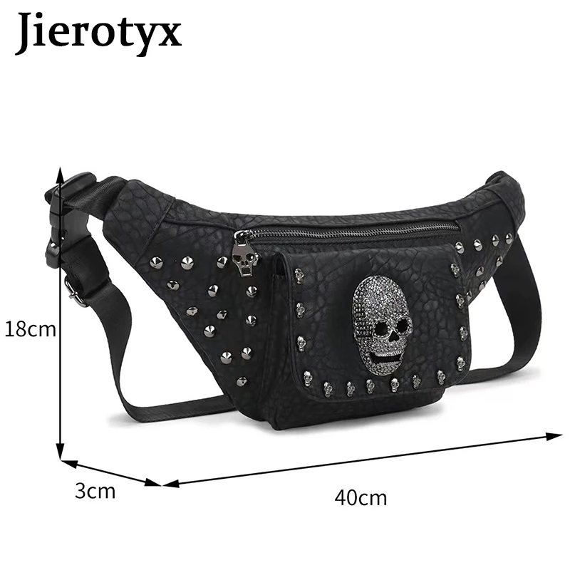 JIEROTYX Fanny Pack for Women Leather Vegan Belt Bag Goth Skull Crossbody Chest Waist Packs Hip Bumbags Vintage Rivet