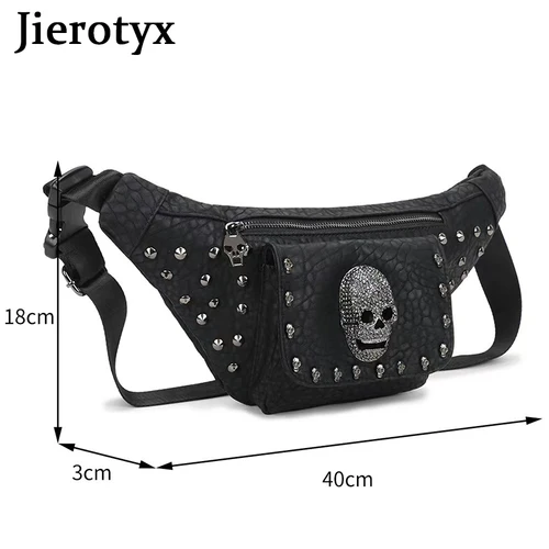 Imagen 2 del producto JIEROTYX-riñonera de cuero Vegano para mujer, bolso de cinturón gótico con calavera cruzada, riñoneras de pecho, bolsos de cadera con remaches Vintage