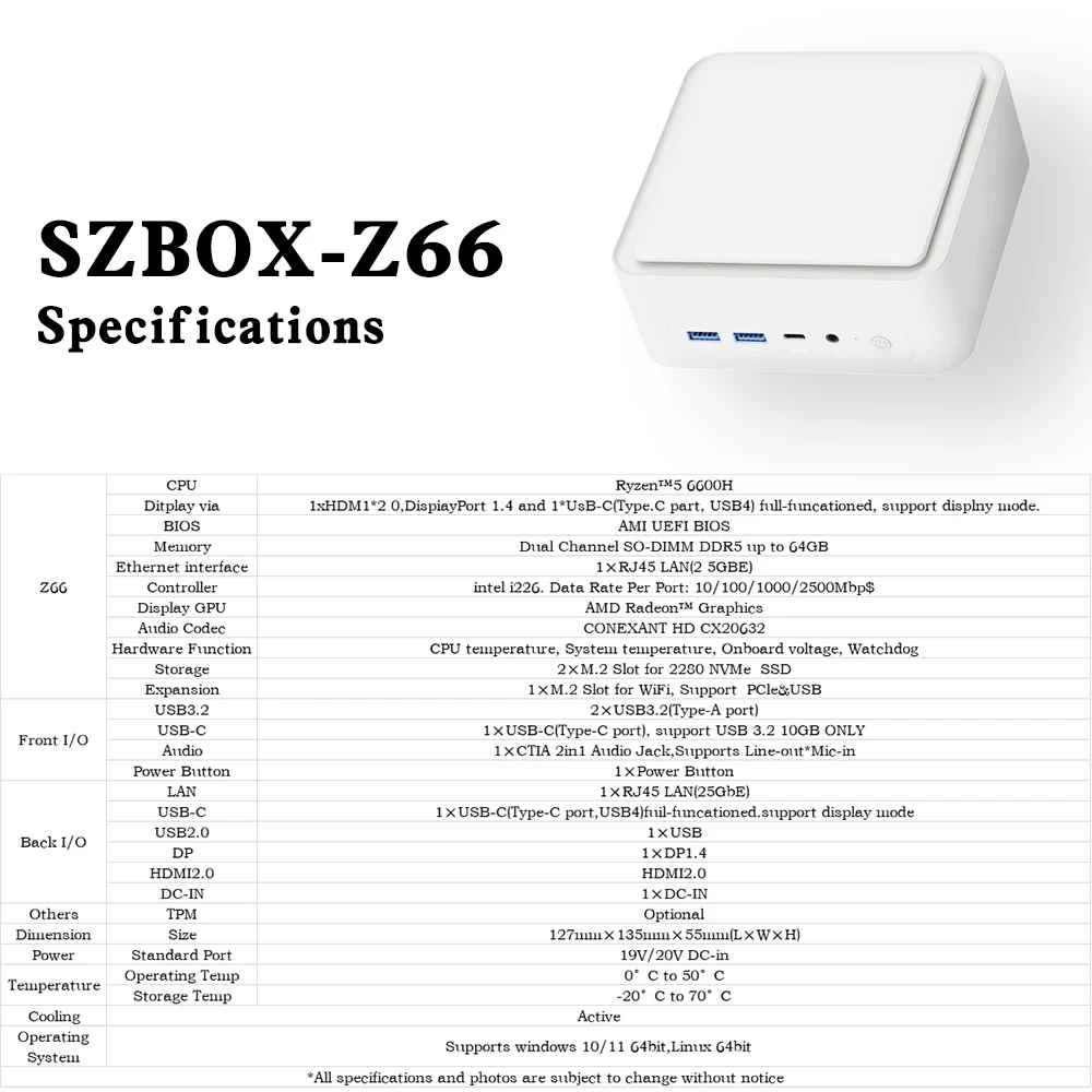 【不具合あり】SZBOX Z66 r5　6600H 16GB 512GB SZBOX Z66 AMD Ryzen 5 6600H MINI PC DDR5 5600Mhz M.2 2280 NVME SSD