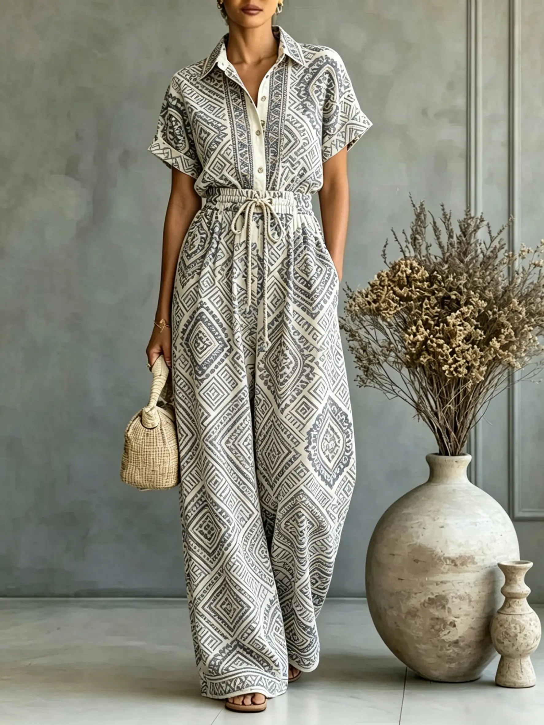 

Women‘s Geometric Diamond Totem Printed 2 Piece Sets Summer Chic Halter Neck Sleeveless V-Neck Tank Top Loose Wide Leg Pants