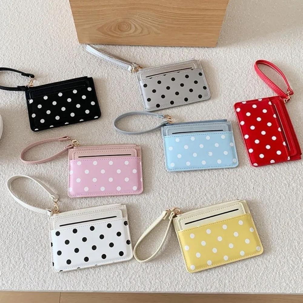 Ultra Light Polka Dot Card Holder PU Leather Ultra Slim Minimalist Coin Purse Zipper Multi Card Slots Women Mini Wallet Travel