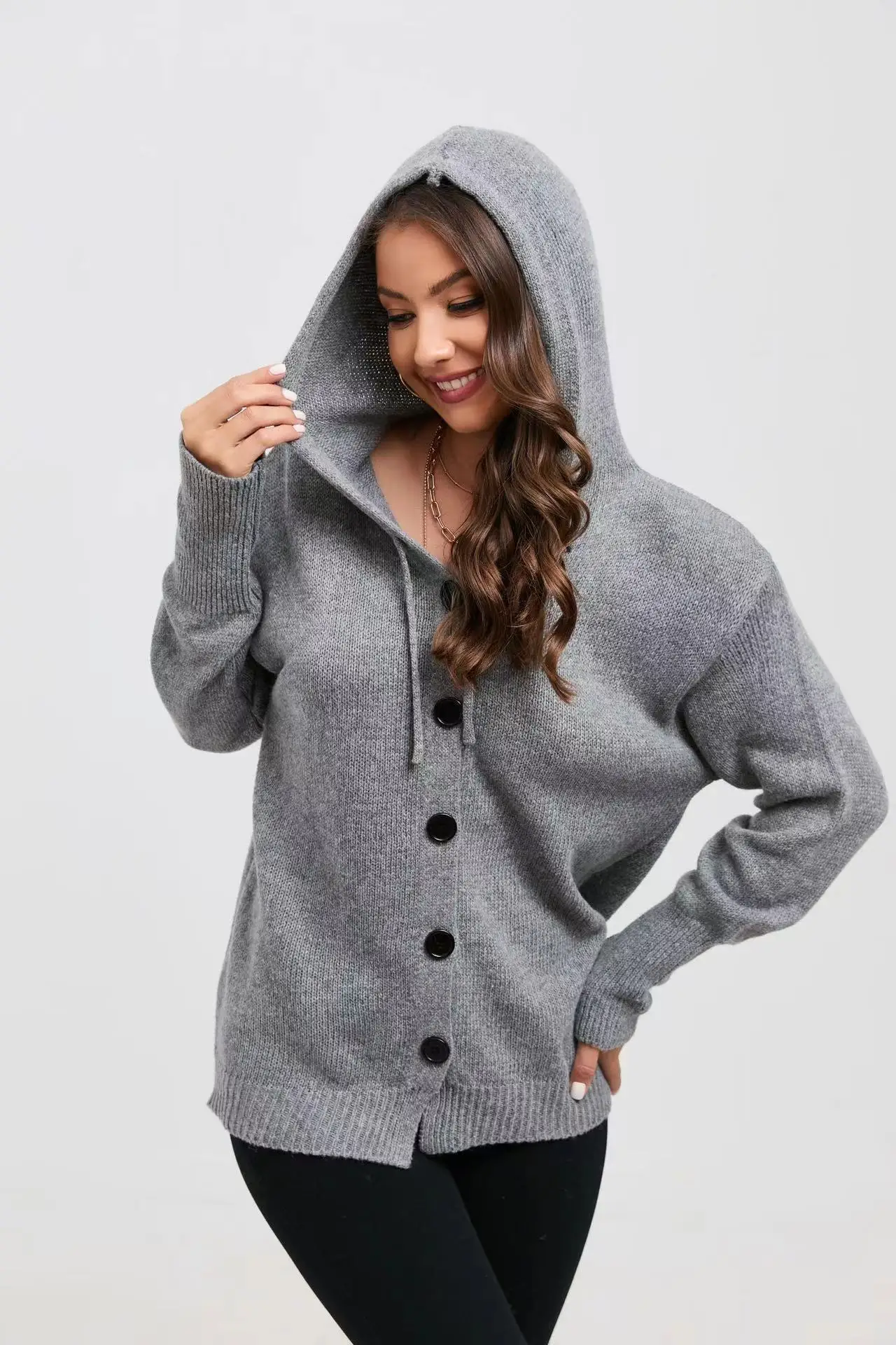 Solid Color Hooded Single-breasted Sweater For Women 2024 Autumn And Winter New Drawstring Knitted Cardigan Jacket For Women