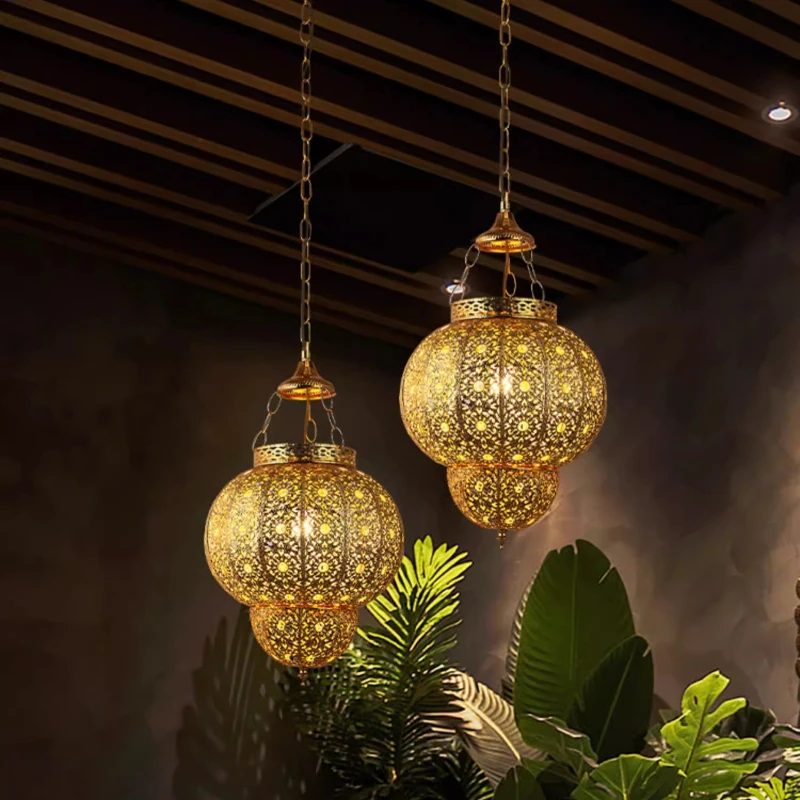 

Southeast Asia Hollow Carved Iron Art Ceiling Pendant Light LED E27 Gold Lustre Hanging Lamp Living Room Restaurant Bedroom Cafe