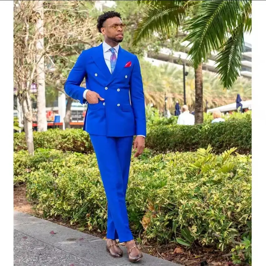 

Casual Luxury Royal Blue Men Suits Double Breasted Blazer Peaked Lapel Daily Wedding Costume Homme 2 Piece Jacket Pants Set 2026
