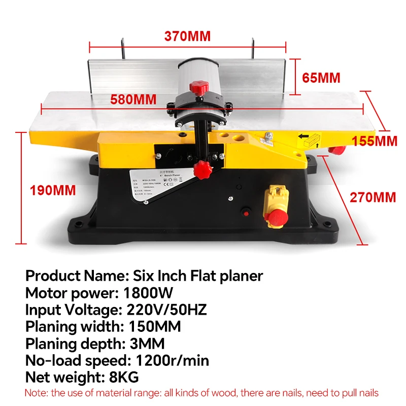 Power Benchtop Planer, 1800W Wood Planer, 580*155mm Worktable Thickness Planer for both Hard & Soft Wood Planing & Thicknessing