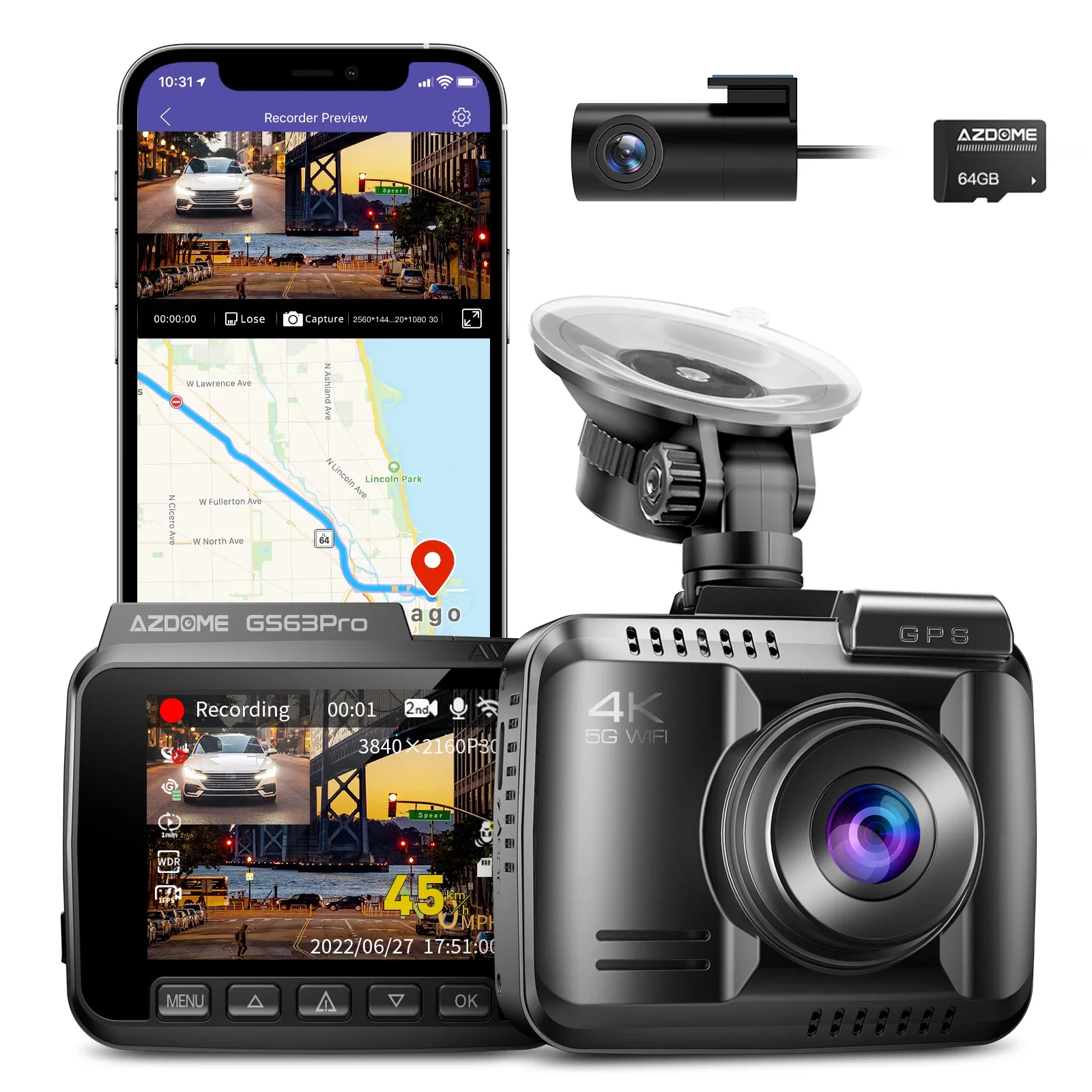 AZDOME GS63Pro 4K Dash Cam 2.4'' Screen 2CH 4K+1080P GPS 5G Wifi Super Capacitor Type-C Port Car Black Box Car Camera