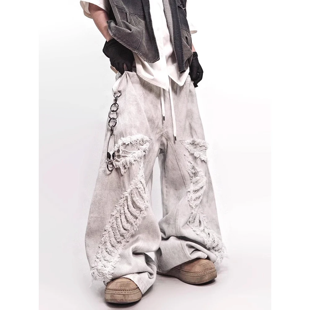 Vintage Washed Jeans High Street Distressed Loose Workwear Pants Wide Leg Denim Trousers for Men Women Streetwear Cargo Pants