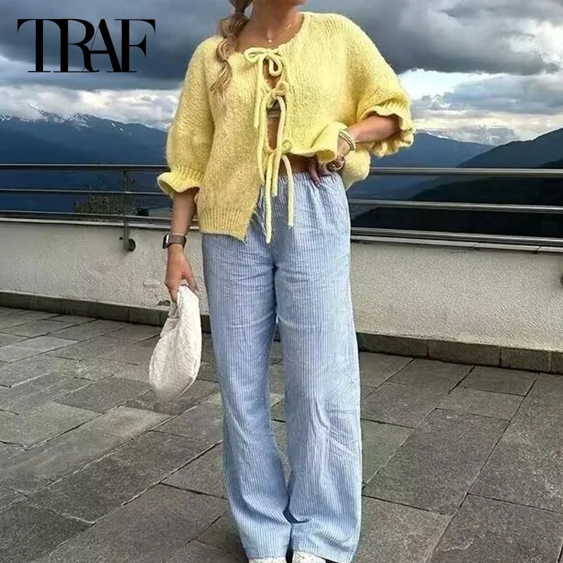 TRAF Yellow Sweater Top Women 2024 Spring Autumn Short Sleeve Butterfly Lace-Up Knitted Top Ladies Fashion Casual Knitwear Top