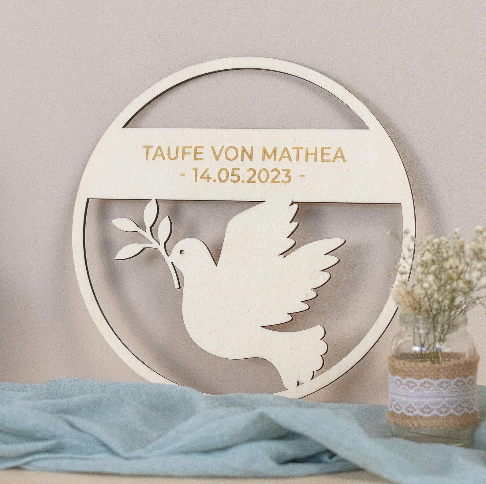 

Door wreath personalized for baptism, communion or confirmation made of wood ,Customized Baptism Party Favor Engraved