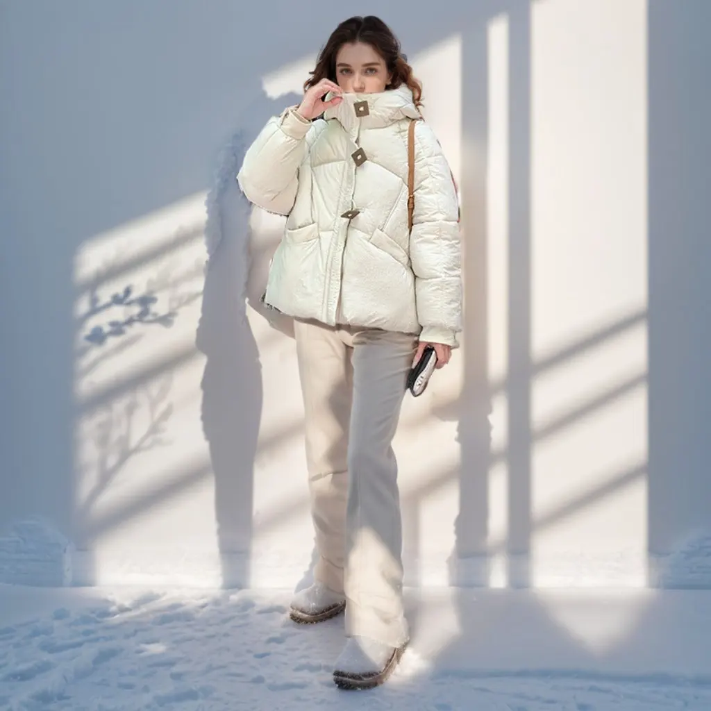 

Women's Cute Short Cotton-padded Jacket Winter Three-proof Hooded Buckle Bread Suit Casual Outerwear for Ladies