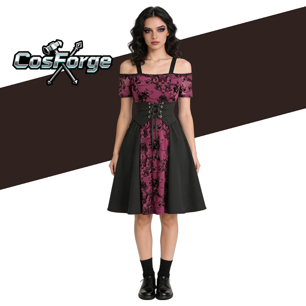 

Women's Gothic Vampire Steampunk Dress - Dark Red Black Print Mini Skirt Halloween Carnival Party