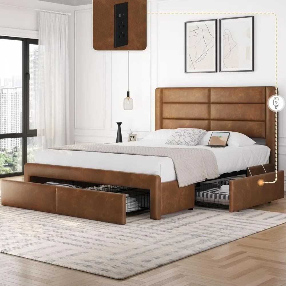 

Bed Frame with 2 USB Charging Stations/Port for Type A&Type C/3 Storage Drawers,Leather Upholstered Platform Bed with Headboard