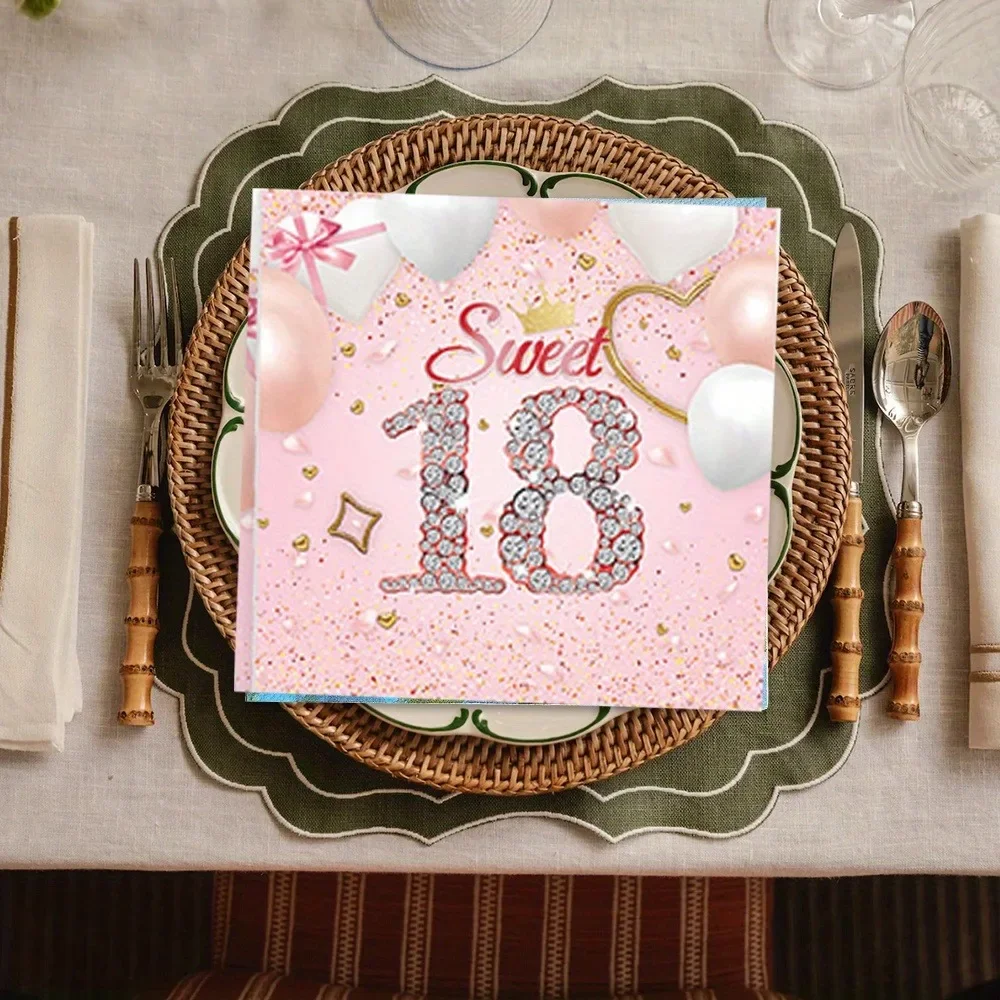 Sweet 18 Balloon Celebrated Element Disposable Napkin for Party Dinner Table Setting 33*33cm Paper Placemats Square Tissue