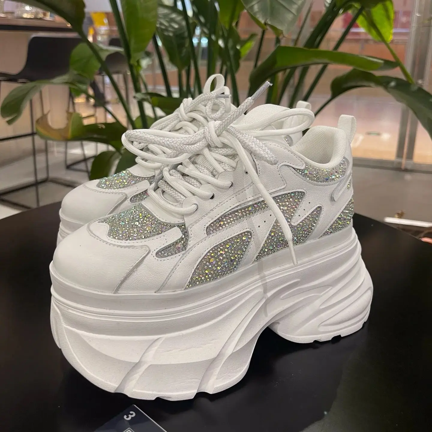 Fashionable White Platform Chunky Sneakers Glitter Shoes Trendy Women Unique Design High Platforms Heels Height Increase Crystal