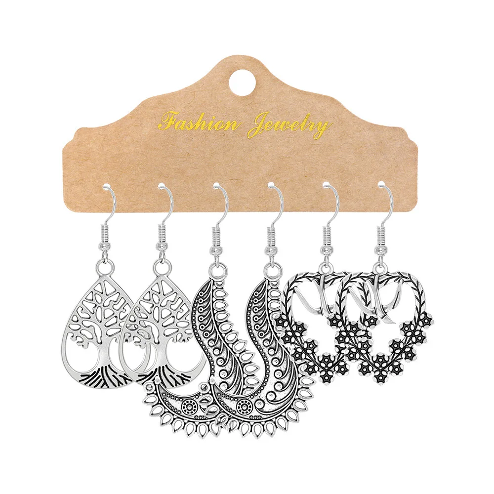 Ethnic New Silver Metal Pendant Earring Set for Women Boho Hollow Dream Catcher Leaves Long Dangle Earrings Girls Party Jewelry