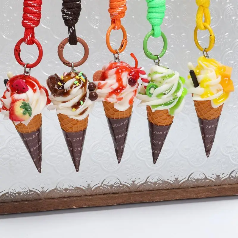 Simulations-Eiscremekegel-Schlüsselanhänger, geflochtenes Lanyard, realistisches Design, Rucksackanhänger, Geschenk für Mädchen – Detail 9