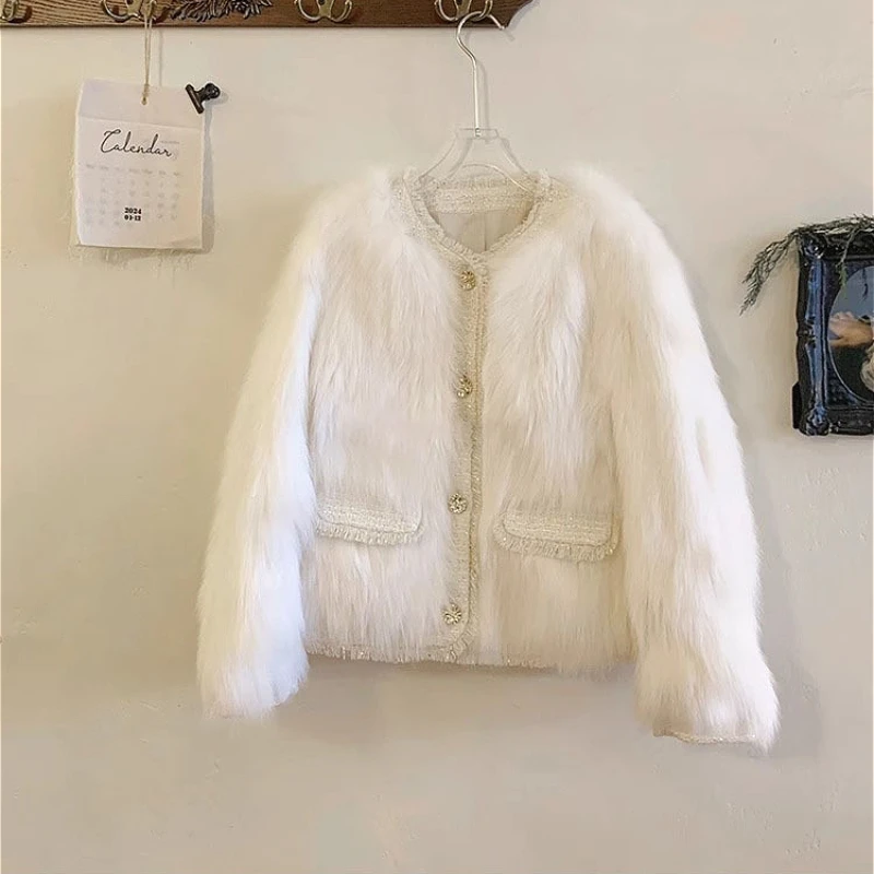 

Faux Fur Coats Women Fur Jacket Solid Pocket Round Neck Long Sleeve Single Breasted Loose Casual Office Lady 2025 Autumn Winter