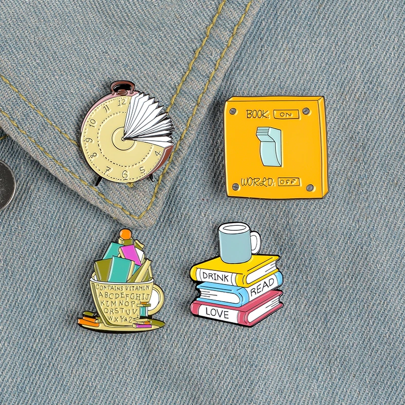 Reading World Enamel Pin Mental Food Book Time Clock Brooch Bag Clothes Lapel Pin Badge Fun Reading Jewelry Gift Kids Friends